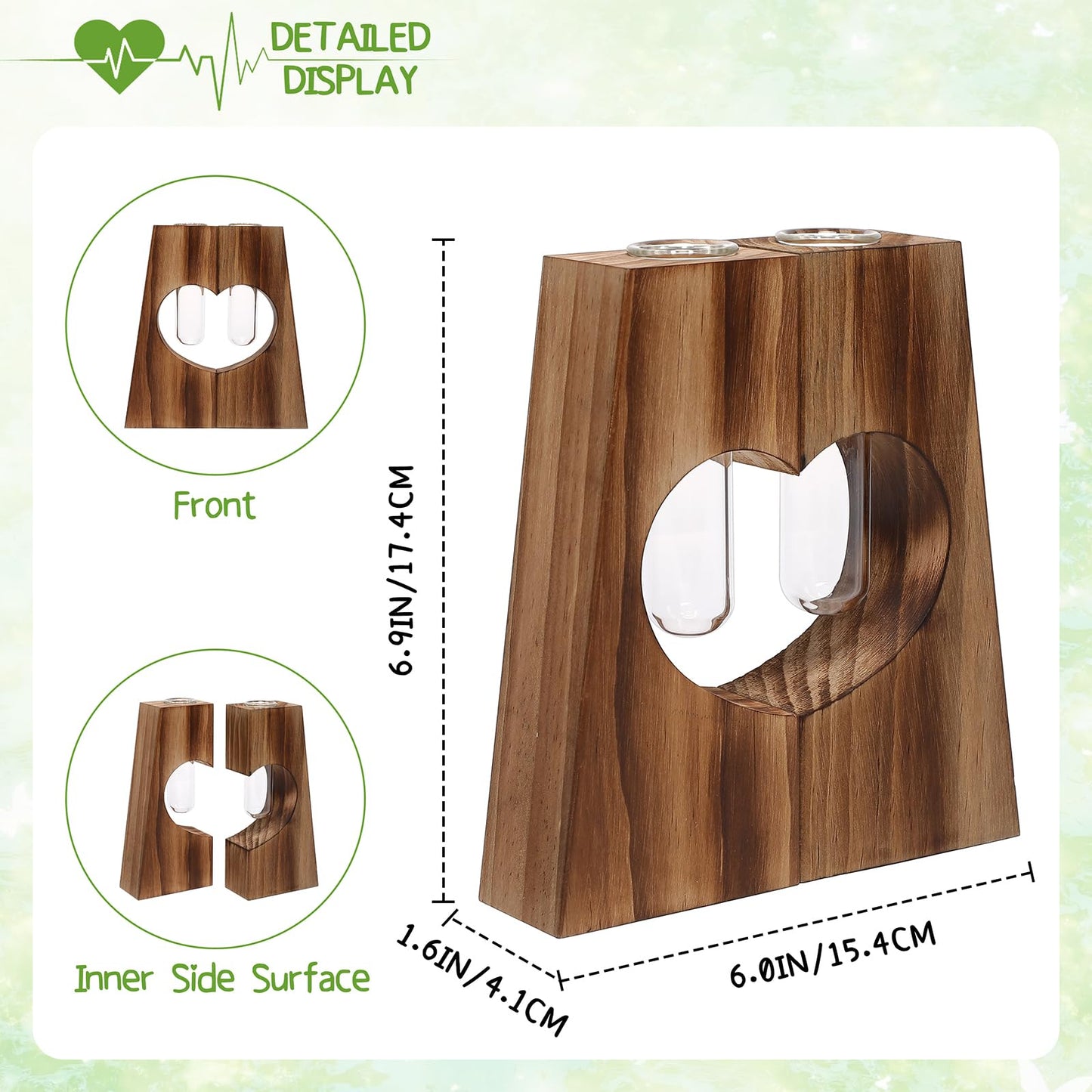 CYZglass Glass Plant Propagation Station for Hydroponics, Heart Shaped Wooden Base with Double Test Tube, Home and Office Desktop Decor Vase