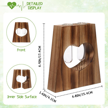 CYZglass Glass Plant Propagation Station for Hydroponics, Heart Shaped Wooden Base with Double Test Tube, Home and Office Desktop Decor Vase