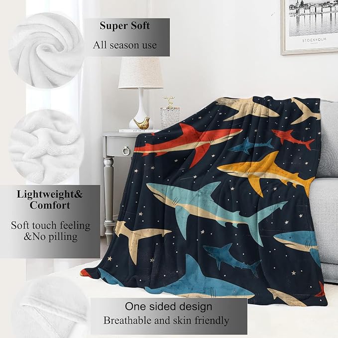 Shark Blanket Vibrant Sharks Dark Throw Blankets,Birthday Gifts for Girls Boys Women & Ocean Lovers,Lightweight Soft Fleece,for Sofa Couch Bed Room Sea Life Decor 50x60in