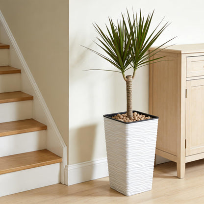 Worth 2 Pack 22" Tall Plastic Square Tapered Planter with Inside Pots for Indoor or Outdoor Use, Modern Wavy Finish for Front Porch or Deck, White