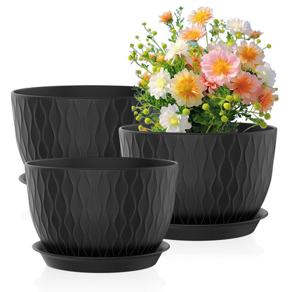 Meowell 12/10/9 inch Large Plant Pots, 3 Pack Wide Flower Pots for Outdoor Indoor Plants with Water Ripples, Big Plastic Planters with Drainage Holes and Saucers for Garden House Plants, Black