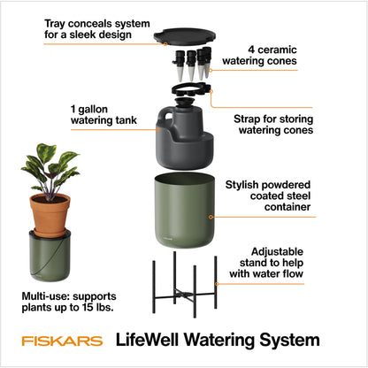 Fiskars LifeWell Watering System for Houseplants, Self-Watering Indoor Plant Stand with Siphon Action, Waters Up to 6 Plants, 33" Reach