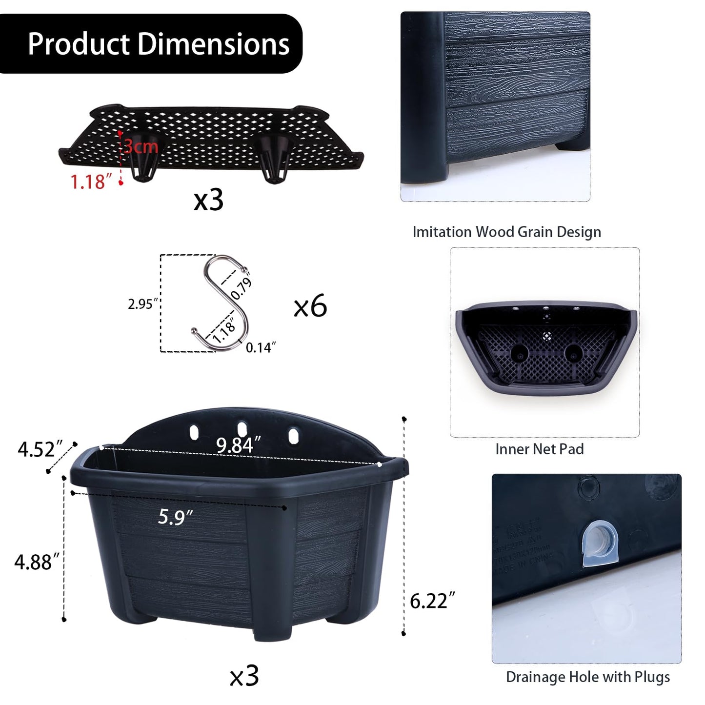 summer flower 3 Pack Hanging Planters for Railing, 9.84 Inch Plastic Window Box with Drain Hole Plug, Indoor Outdoor Flower Pots for Balcony Fence Garden Decor (Black)