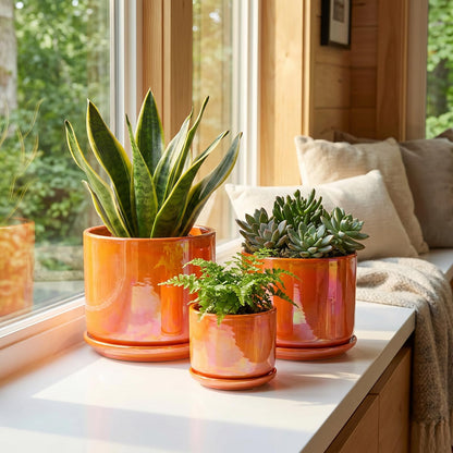 EFISPSS Ceramic Plant Pots,4+5+6 Inch Ceramic Indoor Pots for Plants with Drainage Hole,for Succulent Cactus,Pothos,Snake Plant Gift for Plant Lovers Set of 3 - Orange Pearl Glaze Plant Pots