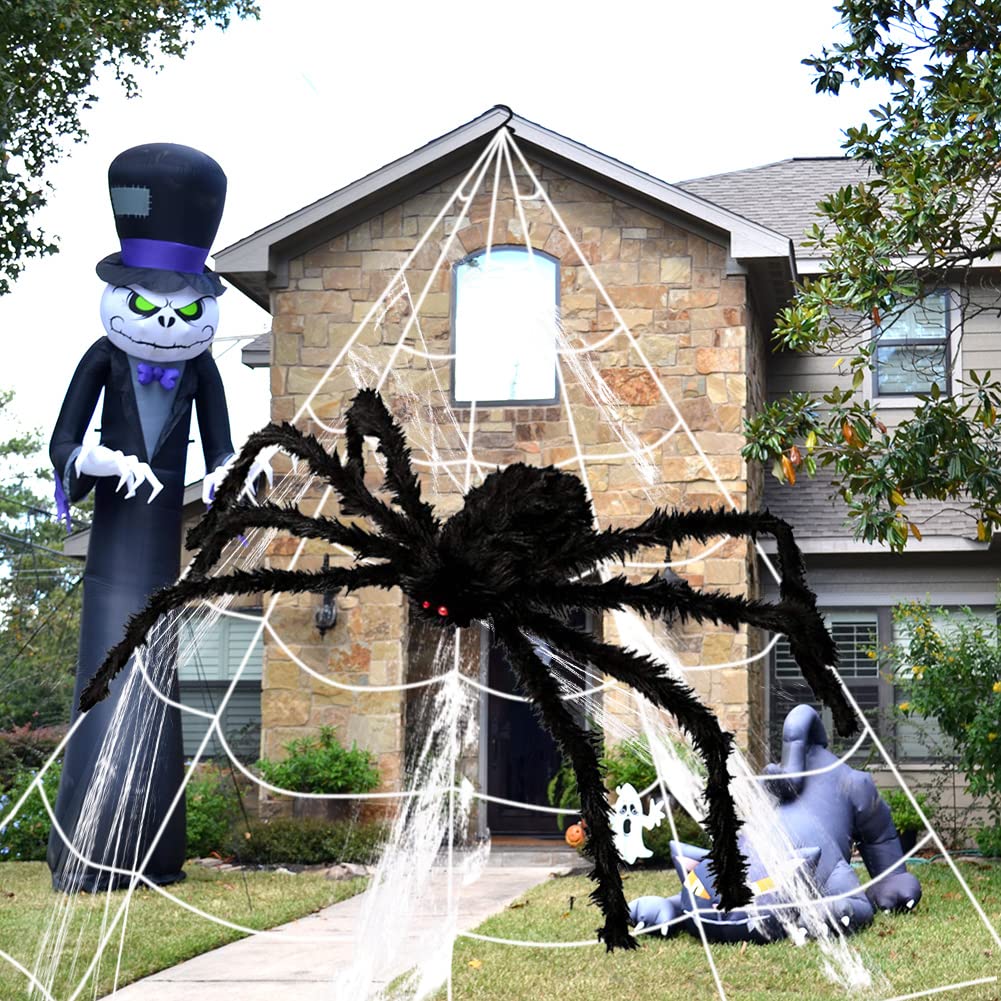 UMEELR Halloween Decorations Outdoor, 200" Web & 50" Giant Spider, Scary Fake Spider with Triangular Huge Web for Yard Lawn Haunted House Decor