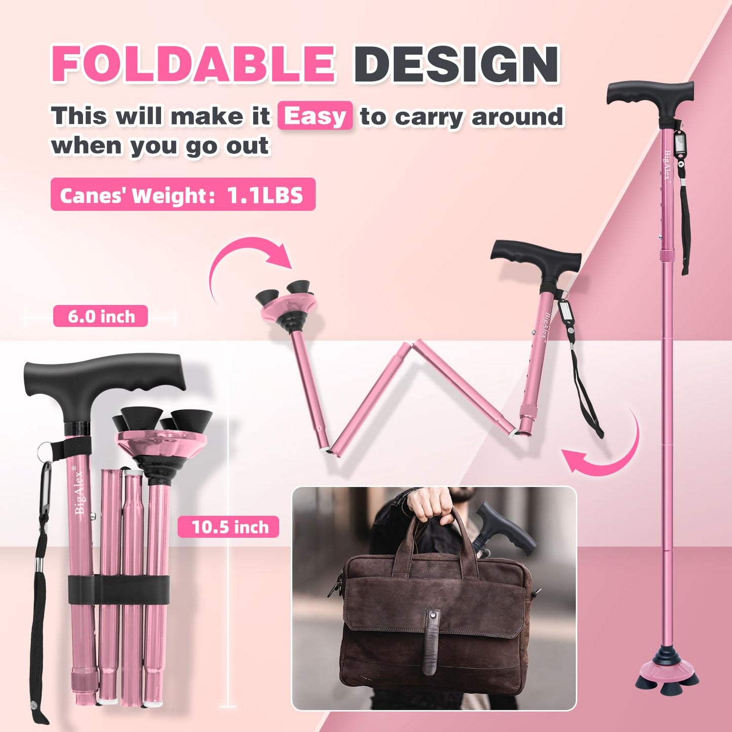 BigAlex Folding Walking Cane for Elderly Adjustable & Portable Walking Stick for Seniors,Pivoting Quad Base,Lightweight,Collapsible with Carrying Bag for Men/Woman