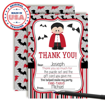 Dracula Fang-tastic Halloween Vampire Birthday Thank You Notes for Kids, Ten 4" x 5.5" Fill In The Blank Cards with 10 White Envelopes by AmandaCreation