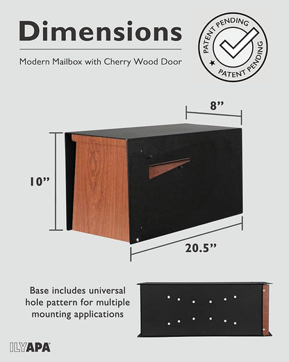 Ilyapa Modern Mailbox for Post Mount - Black Powder Coated Metal Mailbox with Cherry Wood Door - Waterproof for Parcels, Recessed Magnetic Close Door