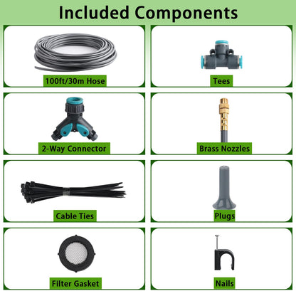 100FT 1/4" Quick-Connect Drip Irrigation System Kit, Automatic Garden Watering System with 16 Pcs Adjustable Spray Nozzles for Garden, Greenhouse, Yard, Lawn