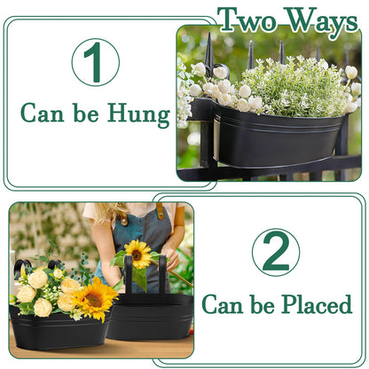 MICOKAY 3 PCS Deck Planters for Railing, 16 Inch Porch Railing Planters with Detachable Hooks and Drain Holes, Oval Hanging Flower Pots for Fence Garden, Black Metal Outdoor Planter Boxes