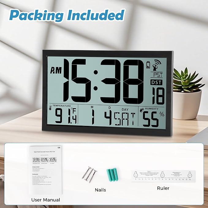 Amgico Digital Wall Clock,16.7" Large Display Atomic Clock, Battery Operated,Digital Calendar Auto Setting with Indoor Temperature, Humidity,Date,Day,Auto DST Desk Clock for Elderly Bedroom Classroom