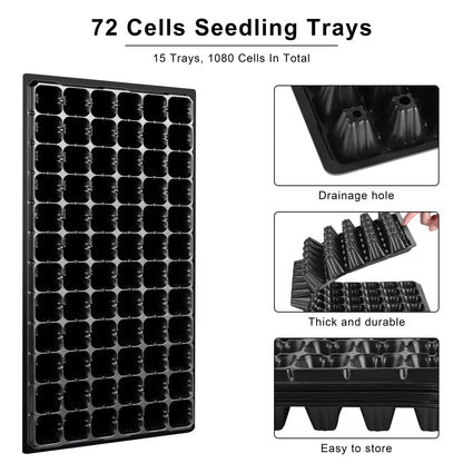 Elcoho 15 Pack Seed Starter Trays 72 Cells Seedling Trays Kit with 1080 Cells Plant Nursery Pots Plastic Plant Grow Plug Trays Mini Propagator for Garden Plant Germination, 21.3 x 11 Inches