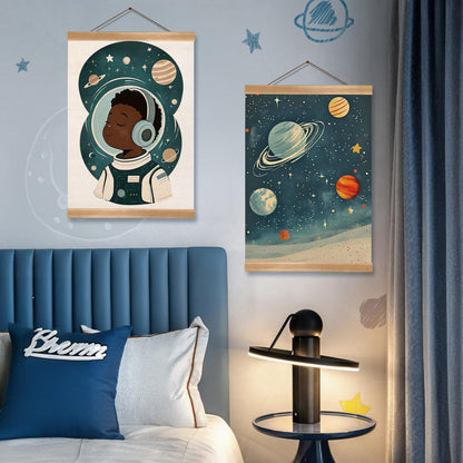 ZTGDA Solar System & Astronaut Wall Art Set of 2, Space Poster with Wood Hanger, Universe Theme Kids Room Decor for Boys and Girls, Classroom or Nursery Wall Display, 12x16 Inch(Space travel-01)