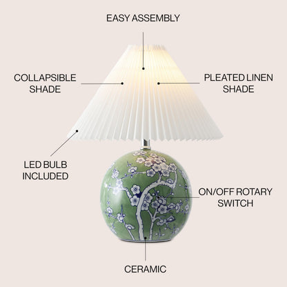 JONATHAN Y 19.5" Green/White Shishen Chinoiserie Ceramic Table Lamp, Traditional Hand-Painted Floral Cottage Lamp with White Pleated Linen Shade, LED Bulb Included JYL5056A