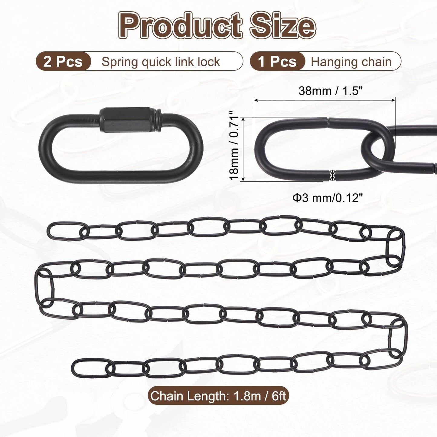 uxcell 6ft Lighting Hanging Chain, 3mm/0.12" Looping Metal Pendant Chandelier Chain Extension with 2 Quick Link Lock for Hanging Plant Pendant Chandelier Light Fixture, Black