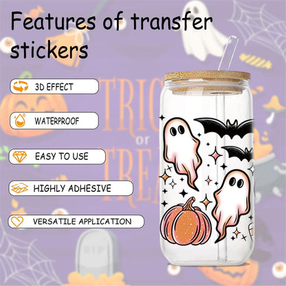 10 Sheets Halloween UV DTF Transfer Stickers for Glass, Cute Ghost Flower Rub on Transfers for Autumn Cup Wrap Crafts Funny No Heat Needed Ready to Apply