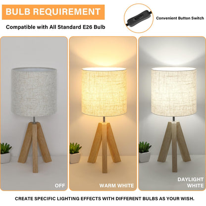 Small Table Lamp, Wooden Tripod Nightstand Lamp with Linen Fabric Shade, Cute Boho Modern Bedside Nightstand Lamp for Bedroom, Living Room, Nursery, Kids Room, Office, Dorm, Bulb Not Included