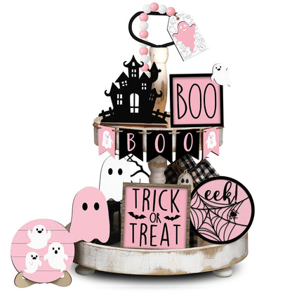 Umigy 15 Pcs Halloween Tiered Tray Decor Set Cute Ghost Tray Decorations Boo Halloween Wooden Signs Farmhouse Rustic Decoration for Home Table Party Supplies(Pink Ghost)
