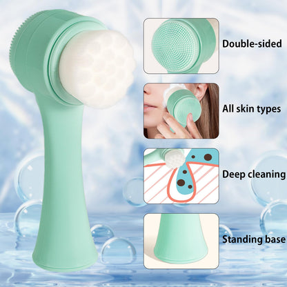 Face Brush 2 in 1, Facial Cleansing Exfoliating Scrubber Brush, Silicone Double Side Manual Face Wash Scrub Brush with Soft Bamboo Charcoal Fiber for Deep Pore Cleansing, Massaging, Skin Care