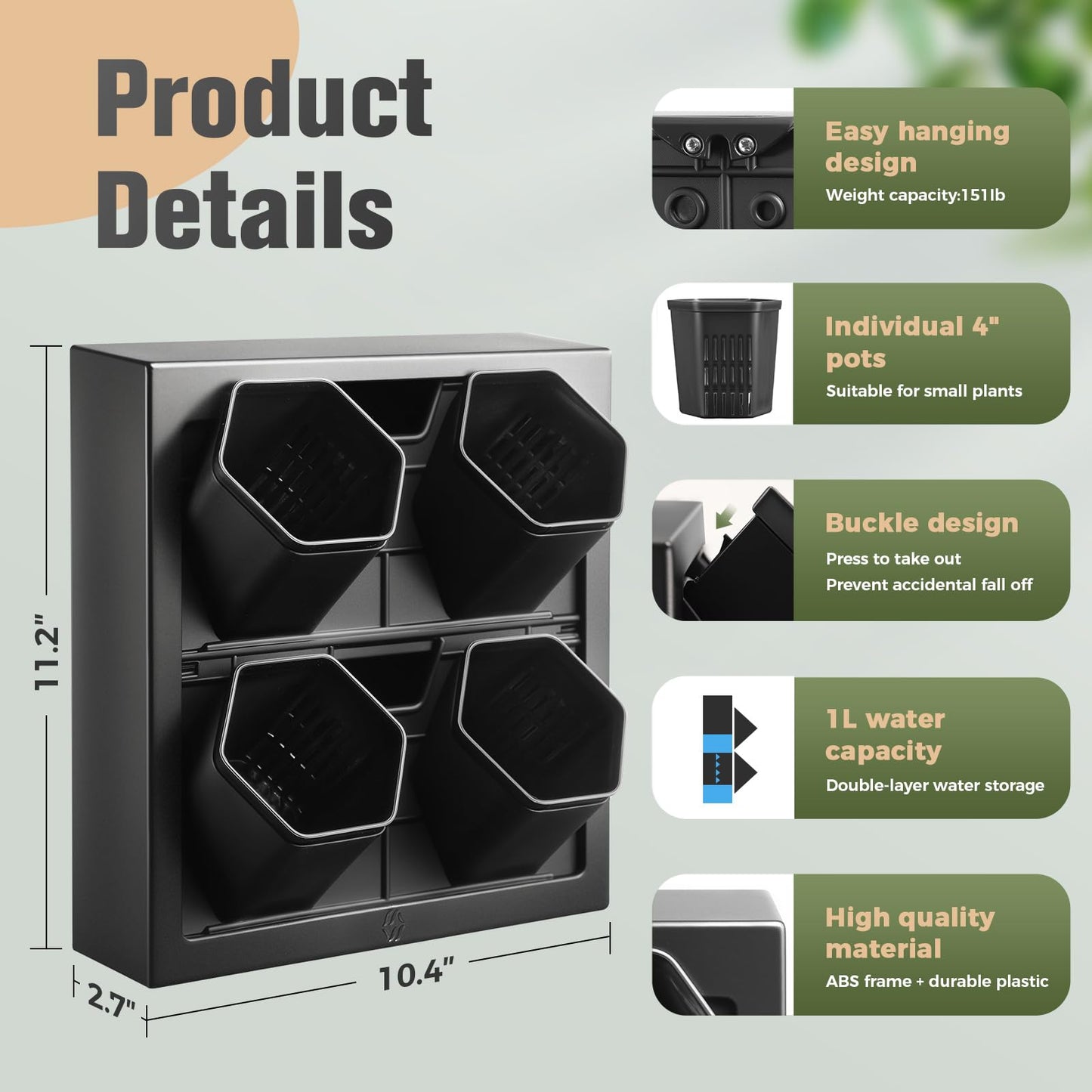 WHLZYEVA Wall-Mounted Vertical Garden Planter – Ready-to-Use Indoor Wall Planter with 4 Grow Pots – Perfect for Herbs, Succulents & Flowers – No Assembly Required(Black)