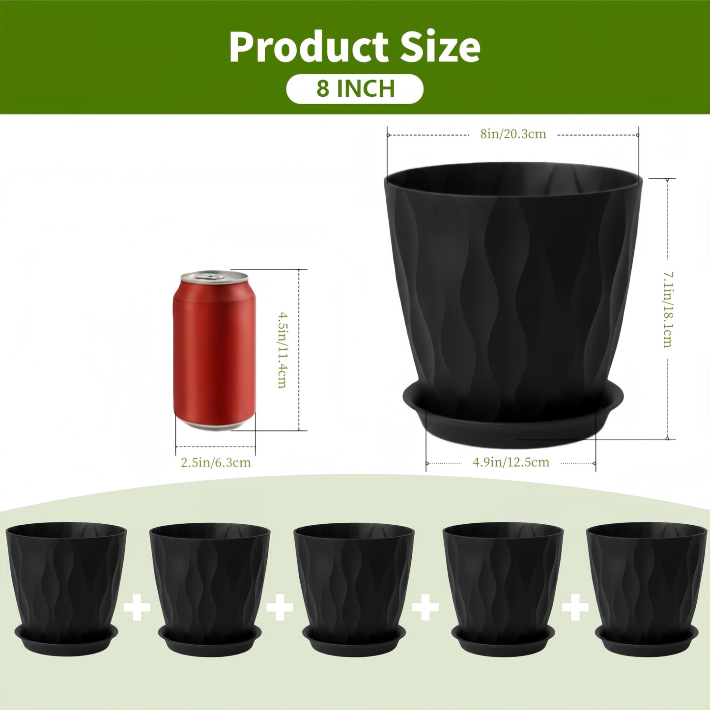 LESOASIS Plant Pots 8 Inch, 6 Pack Plastic Flower Pots for Indoor & Outdoor Plants, Planters with Drainage Holes and Saucer, Garden Pot for Plants(Black)