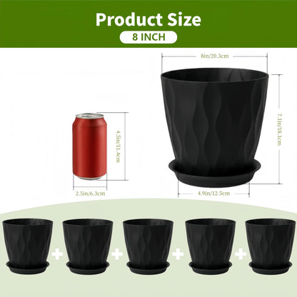 LESOASIS Plant Pots 8 Inch, 6 Pack Plastic Flower Pots for Indoor & Outdoor Plants, Planters with Drainage Holes and Saucer, Garden Pot for Plants(Black)