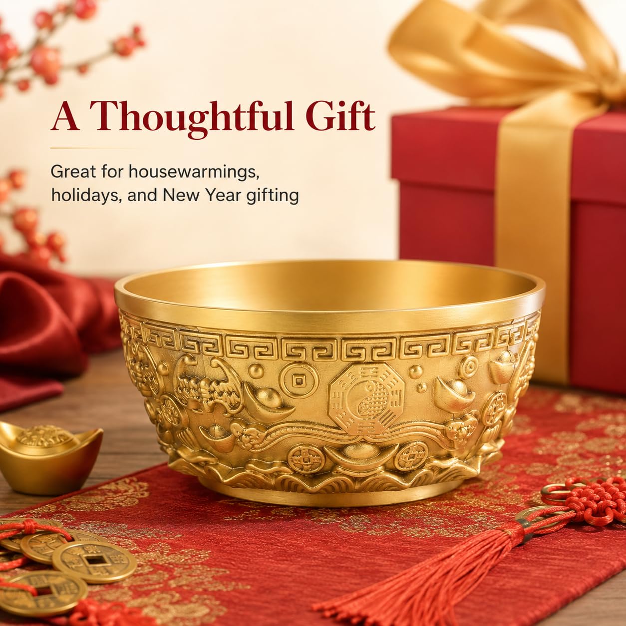 DECHOUS Brass Treasure Bowl 4 Inch Feng Shui Wealth Money Basin Decorative Chinese Style Golden Home Office Centerpiece