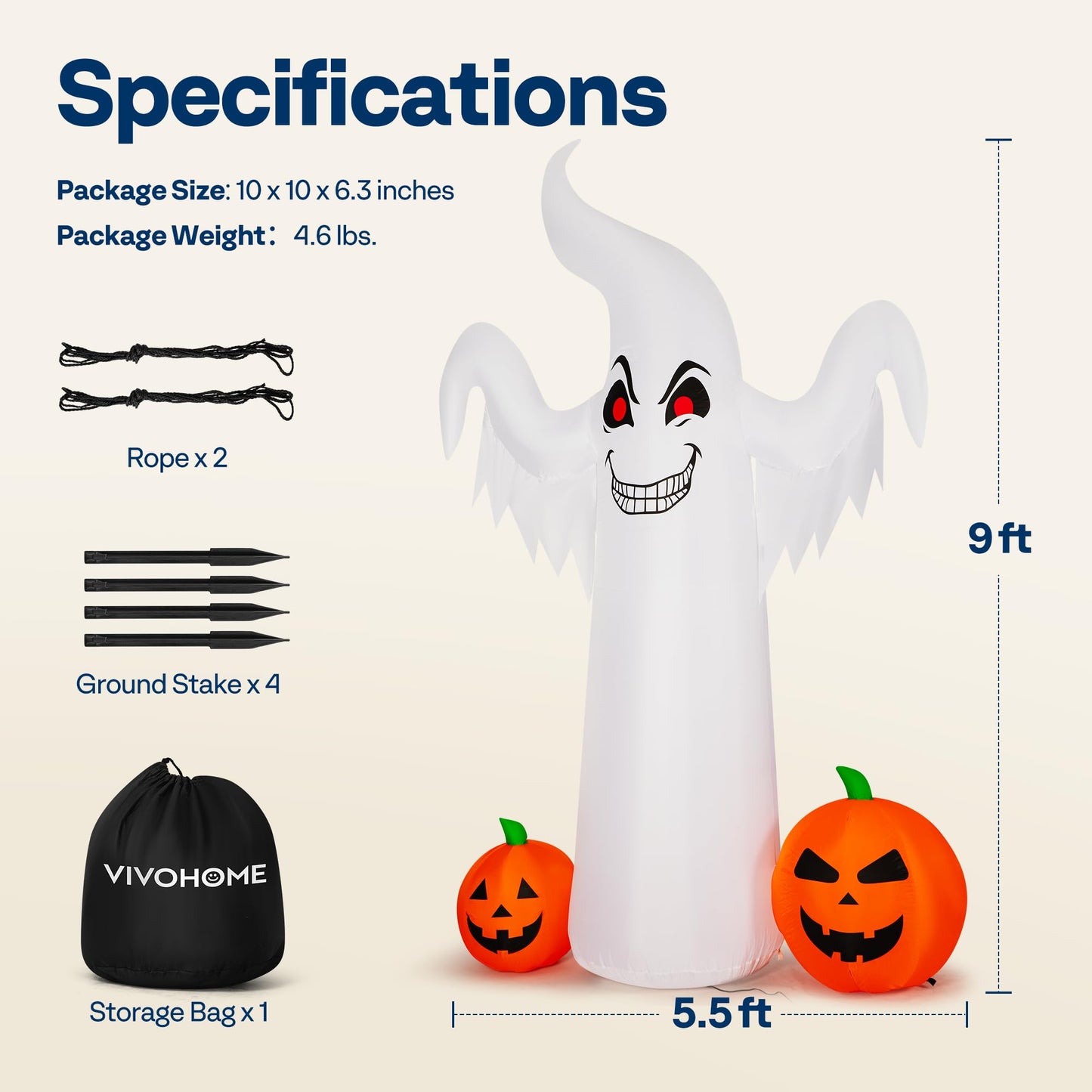 VIVOHOME 9FT Halloween Inflatable Yard Decor, Giant Ghost with 2 Pumpkin, Outdoor Blow Up with Built-in LED Light for Lawn, Garden, Party