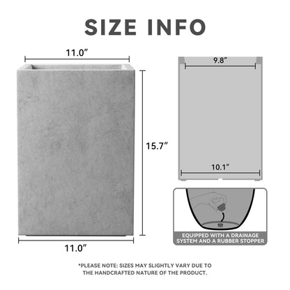 Kante 15.7" H Tall Rectangular Concrete Planters, Outdoor Indoor Lightweight Plant Pots with Drainage Hole and Rubber Plug, Modern Style for Home Garden Patio, Natural Concrete