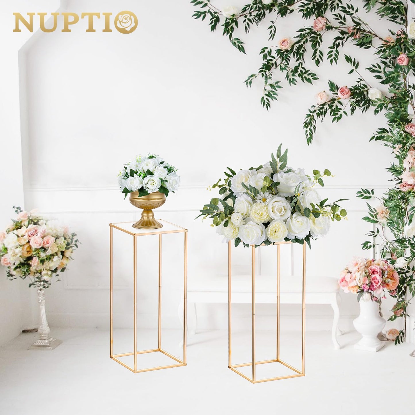 Nuptio Wedding Centerpieces Gold Vases: 10 Pcs 23⅝ inch Tall Flower Stand Metal Floor Vase Column Geometric Centerpiece Stands Rectangular Display Rack for Weddings Party Decoration