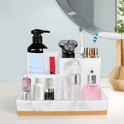 Bathroom Countertop Organizer with Tray, Large Size Toothbrush Holder Organizer, Vanity Storage for Bathroom, 5 Different Size Compartment, Resin in White Marble Bamboo Bottom