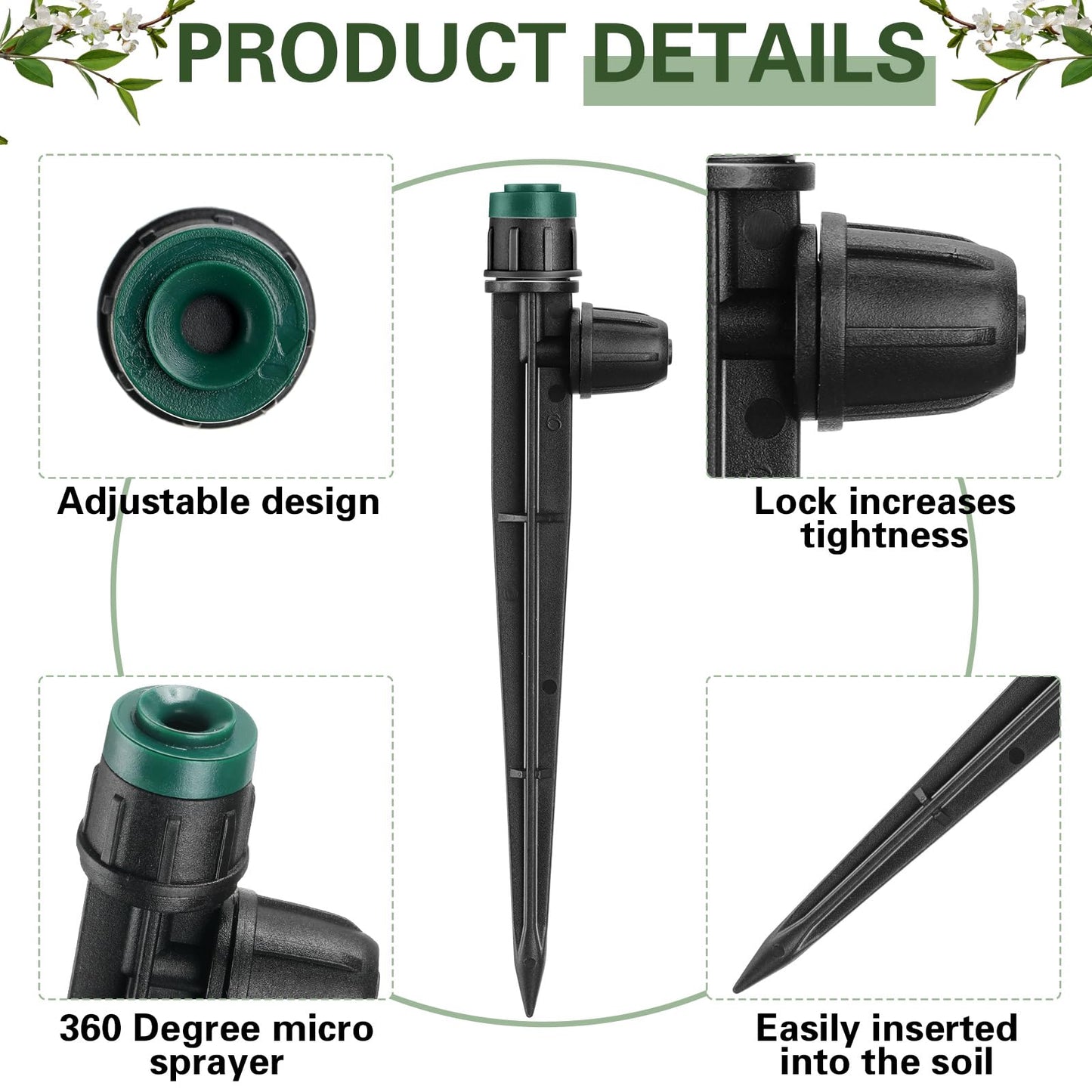 Glooglitter 100 Pcs Drip Irrigation Emitters for 1/4" Tubing 50 Micro Irrigation Emitters Sprayer 50 Adjustable 360 Degree Water Flow Drippers for Garden Irrigation System(Green, Latch)