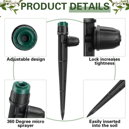 Glooglitter 100 Pcs Drip Irrigation Emitters for 1/4" Tubing 50 Micro Irrigation Emitters Sprayer 50 Adjustable 360 Degree Water Flow Drippers for Garden Irrigation System(Green, Latch)