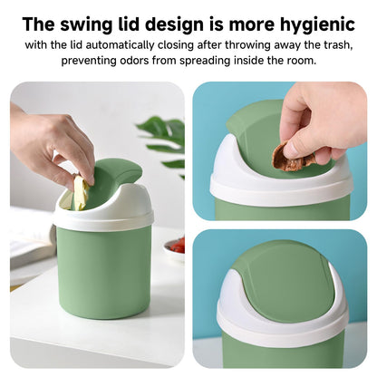 Desktop Mini Waste Can with Swing Lid, Stylish Lace Polka Dot Table Trash Bin Table Waste Paper Basket Round Small Trash Can for Office Bathroom Children Bedroom, Green