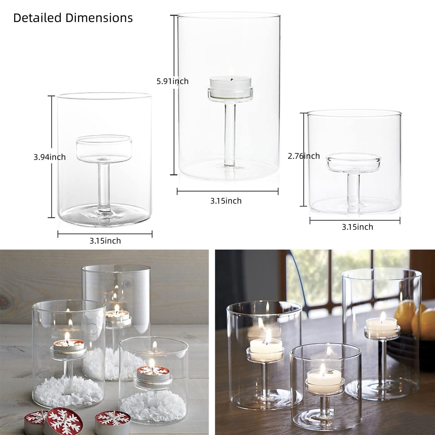 YLSMILE Cylinder Hurricane Glass Candle Holder for Table Centerpieces, Clear Votive Candle Holders for Wedding Parties, Decorative Candleholders for Home Dining Room Decorations (Set of 3)