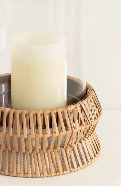 Kate and Laurel Rashana Modern Boho Rattan Pillar Candle Holder, 8 x 8 x 11, Natural, Coastal Hurricane Candle Holder with Glass Cylinder for Living Room Decor