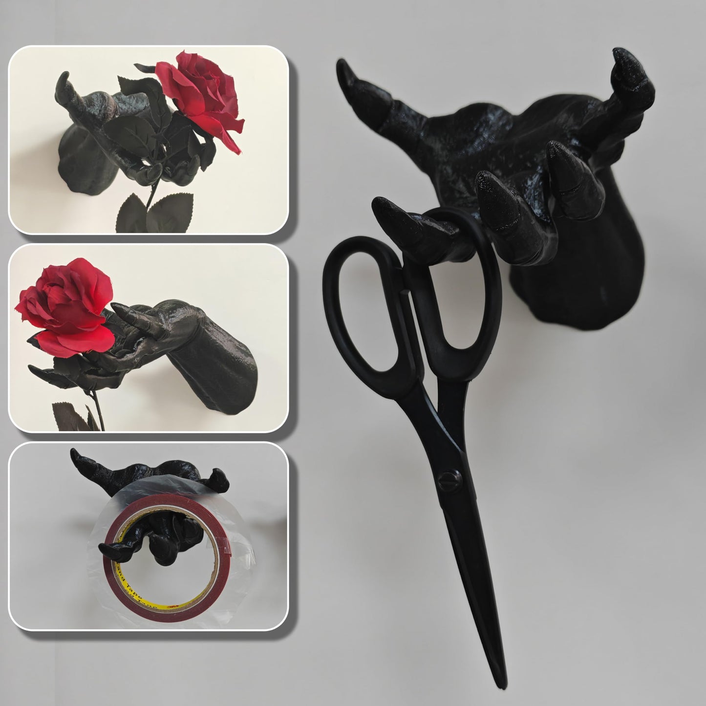 LuckyVin Gothic Black Hand Wall Sculpture – Creepy Long Nail Hand Holding Rose – Jewelry & Watch Holder, Gothic Décor for Wall or Table, Perfect for Halloween (Hand-of-Darkness)