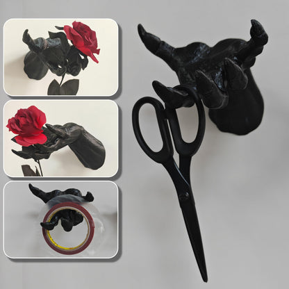 LuckyVin Gothic Black Hand Wall Sculpture – Creepy Long Nail Hand Holding Rose – Jewelry & Watch Holder, Gothic Décor for Wall or Table, Perfect for Halloween (Hand-of-Darkness)