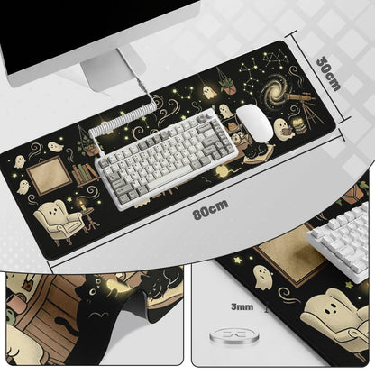 Cute Ghost Desk Pad Mouse Pad Halloween Cozy Spooky Black Cat Extended Gaming Mouse Pad Mat with Stitched Edge Non-Slip Base Big Mousepad 31.5 x 11.8 Inch