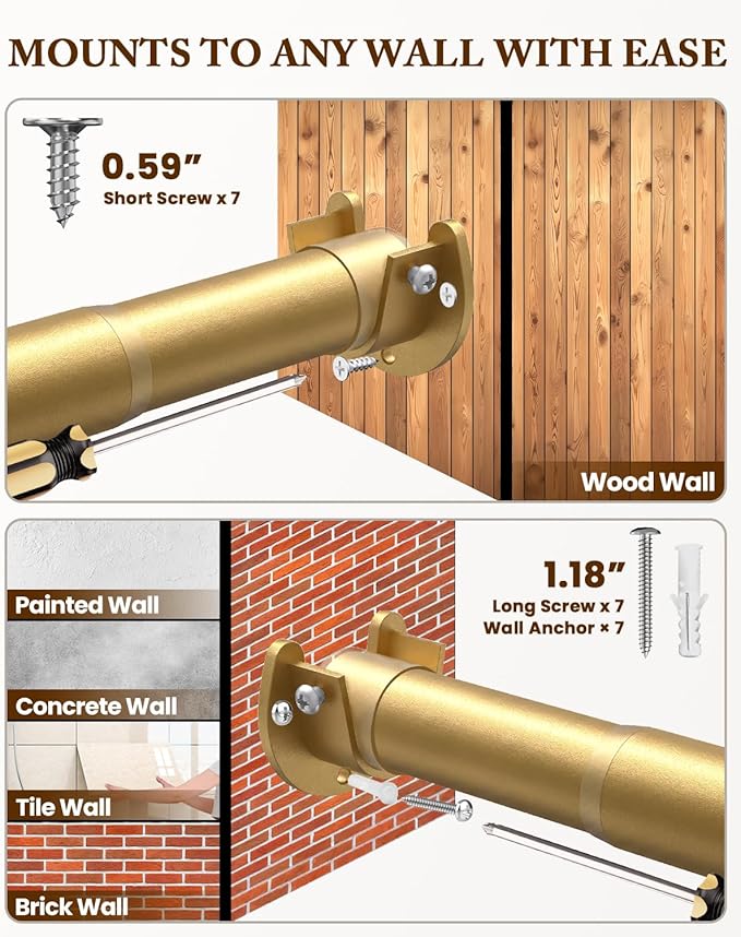 Heavy Duty Closet Rod, 17-54 IN Closet Rods for Hanging Clothes, Gold | Stepless Adjustable, Supports up to 66 lbs, Multiple Size Options, Easy Installation, Multi Purpose , Wall-Mounted
