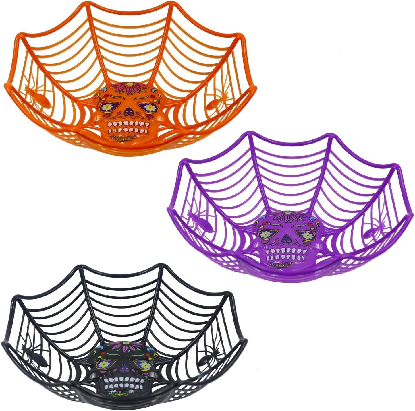 Triumpeek Halloween Party Supplies - Set of 3 Plastic Trick or Treat Bowls with Spider Web Design for Day of The Dead in Orange, Purple and Black