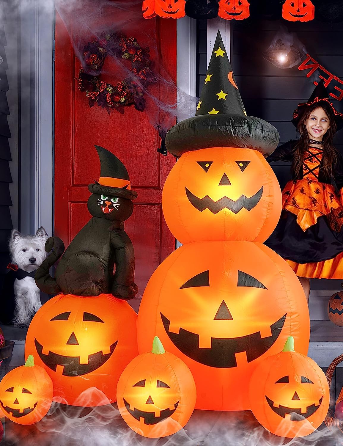 HOPOCO 6 FT Halloween Inflatable Decorations Spooky Ghost Pumpkin Lighted and Witch's Cat, Halloween Decorations Outdoor Inflatables Pumpkin Combo with Build-in LED Blow Up Inflatables for Yard Garden