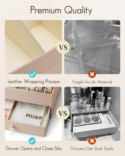 VLANDO Makeup Organzier,Vanity Organizer with Drawers, PU Leather Skincare Organizer Perfume Organizer,Large Cosmetic Display Case for Lipstick,Brushes Gifts for Women, Toffee, 4 Layer