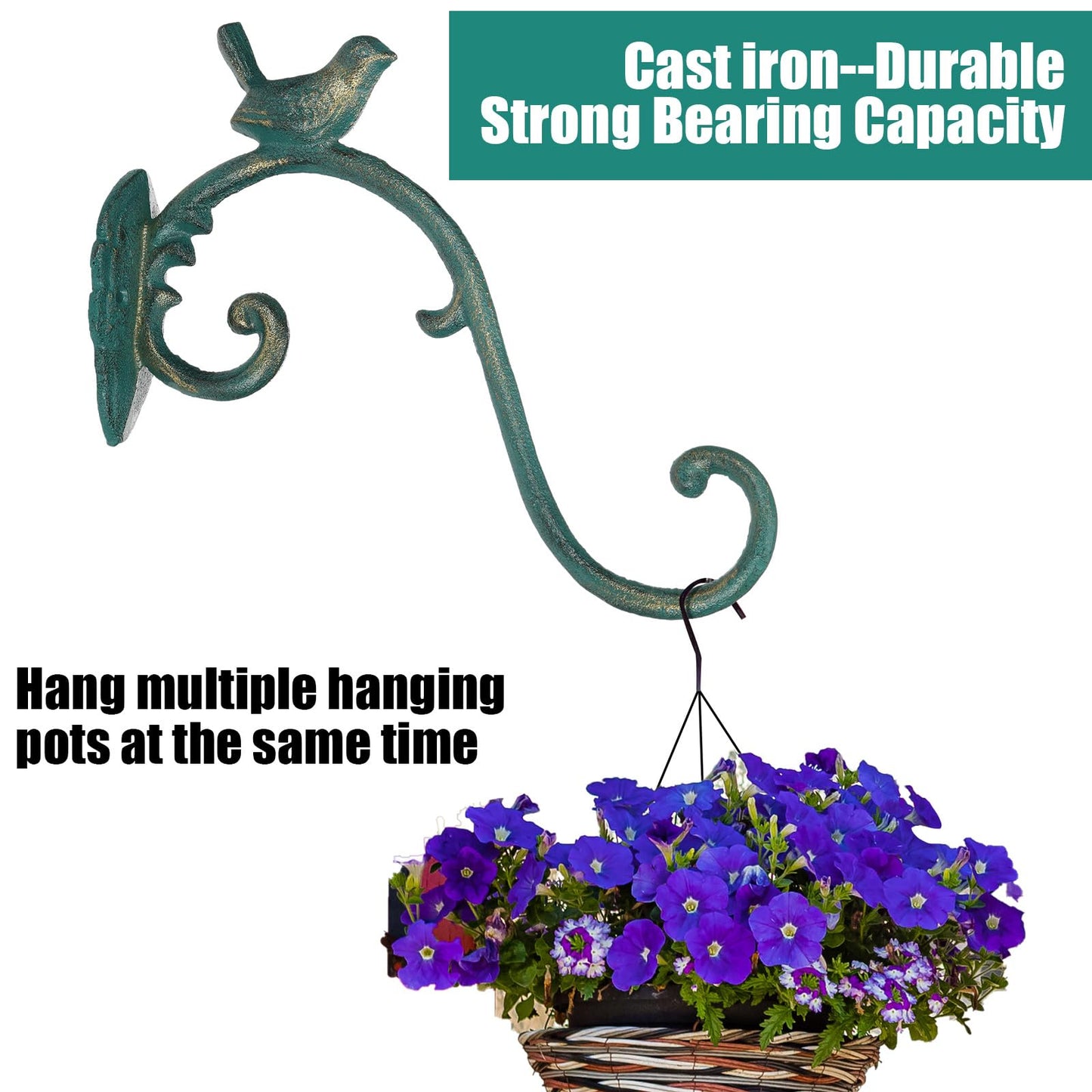 Moxweyeni 2 Pcs Cast Iron Plant Hangers Outdoor 10" Heavy Duty Hanging Basket Brackets Lovely Bird Shape Decorative Wall Hangers for Flower Pots Bird Feeder Wind Chime Lantern(Golden Green)
