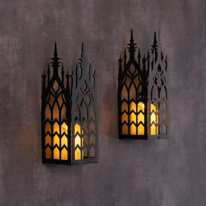 AIM & GGKK Wall Candle Sconce Holder,Set of 2 Gothic Cathedral Wall Sconce with Window Design,Black Metal Wall Mount Candle Holder for Living Room, Dining Room,Rustic Farmhouse Decorations