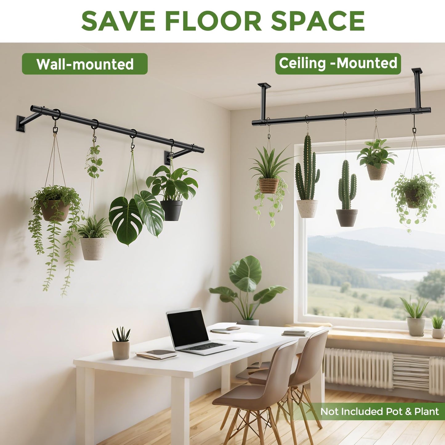 Mogaath Hanging Planters for Indoor Plants, 64 Inch Heavy Duty Plant Hanger Indoor, 1 Inch Diameter Metal Rod, Hanging Plant Holder for Window Wall, Matte Black, Square Flange Base, Pot Not Included