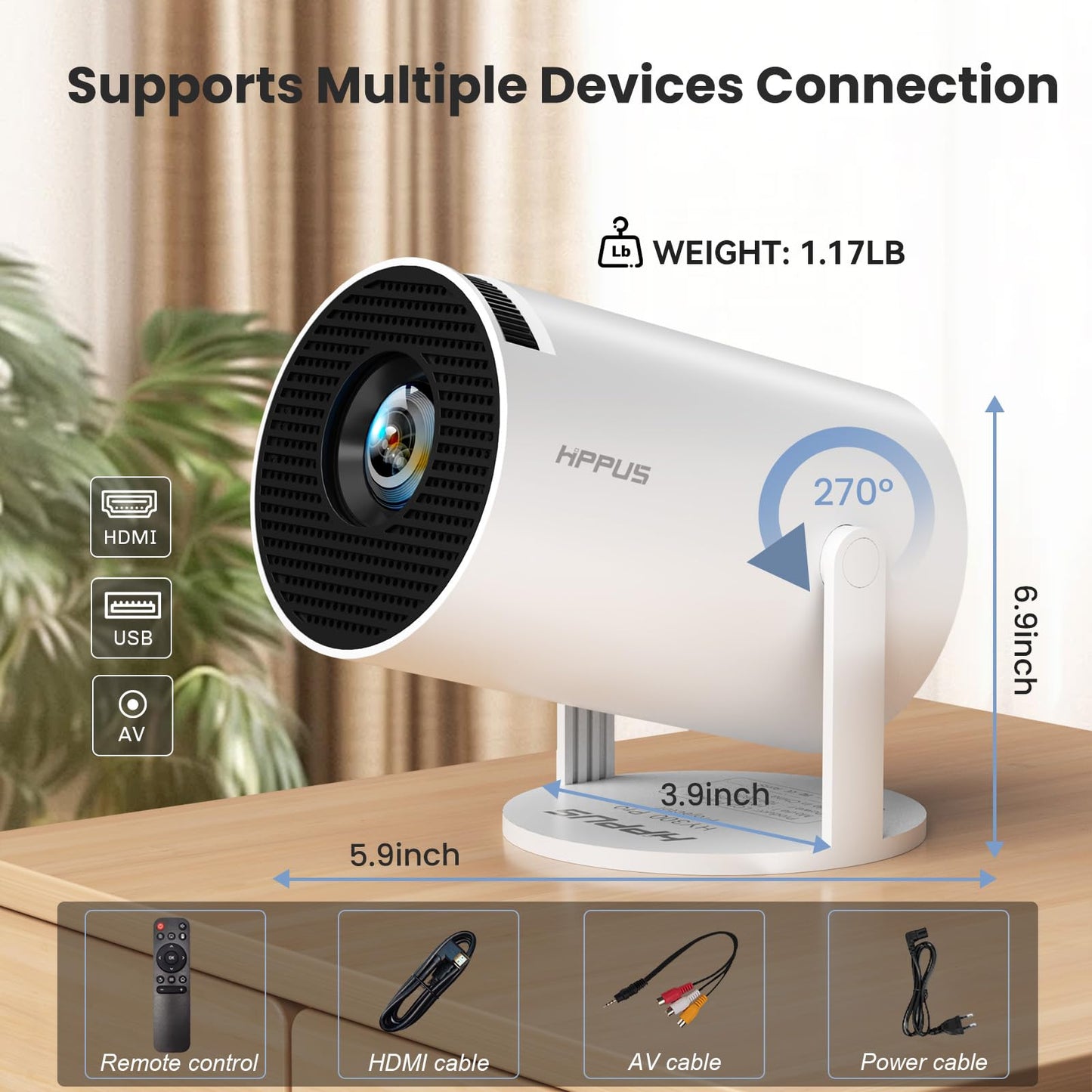 [180°Adjustable Stand] Smart Mini Portable Projector with WiFi and Bluetooth, Auto Keystone Upgraded 350ANSI, Android11.0, Ceiling, Outdoor Use, Compatible with TV Stick Smartphone/HDMI/USB(White）