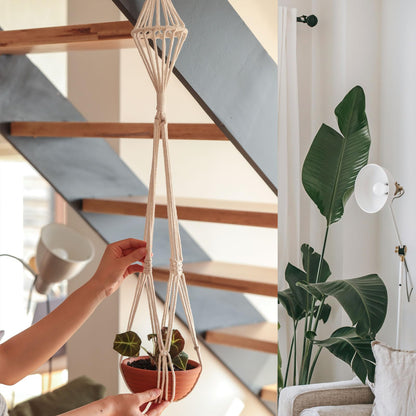 XINBOR Hourglass Floating Macrame Plant Hangers 2 Pack Handmade Cotton Rope Hanging Planters Basket with S Hooks, Diamond Openwork Boho Home Decor for Indoor Outdoor, Plants Holder 35" & 39” (White)