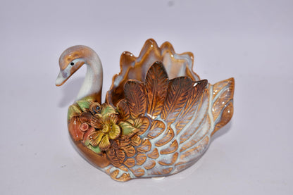 New Beautiful 5" White Swan Bird with Raised Flowers and Leaves Reactive Glaze Plant, Succulent, Cactus Planter Pot,Air Plant, Bamboo