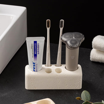 Haocoott Toothbrush Holder with 6 Slots, Bathroom Electric Toothbrush and Toothpaste Holder Set, Bathroom Organizer for Countertop, Shower, Vanity, Travertine Stone Look, Off-White